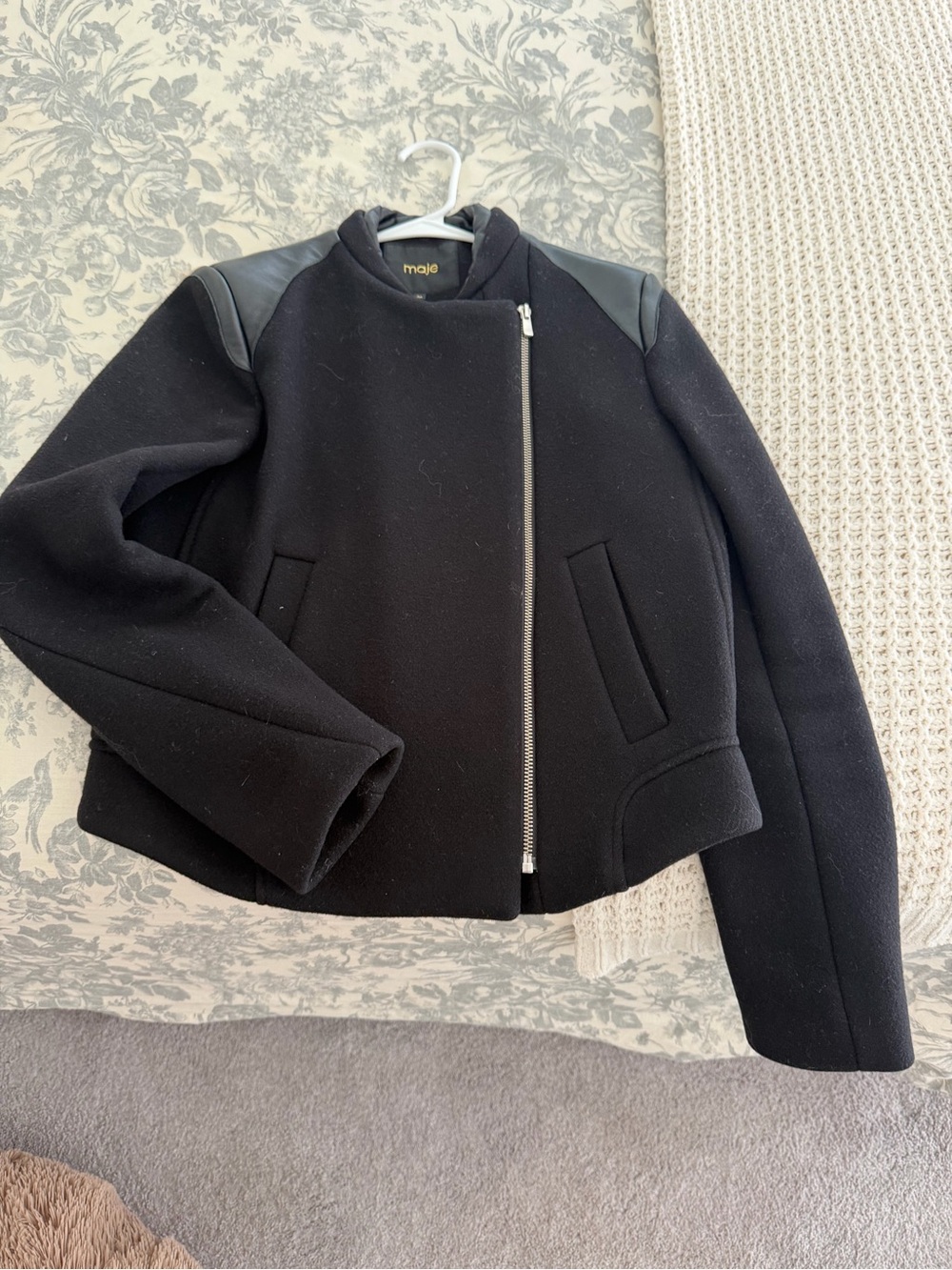Maje Black Wool Asymmetrical Zip Jacket with Leather Shoulders